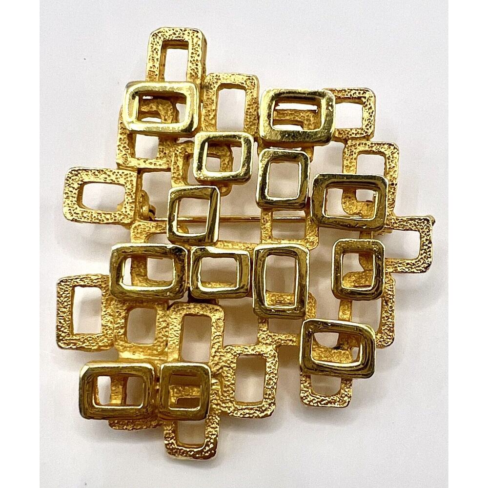 Vintage Coro Signed Large Modernist Brooch Pin Gold Toned Brutalist Art Deco